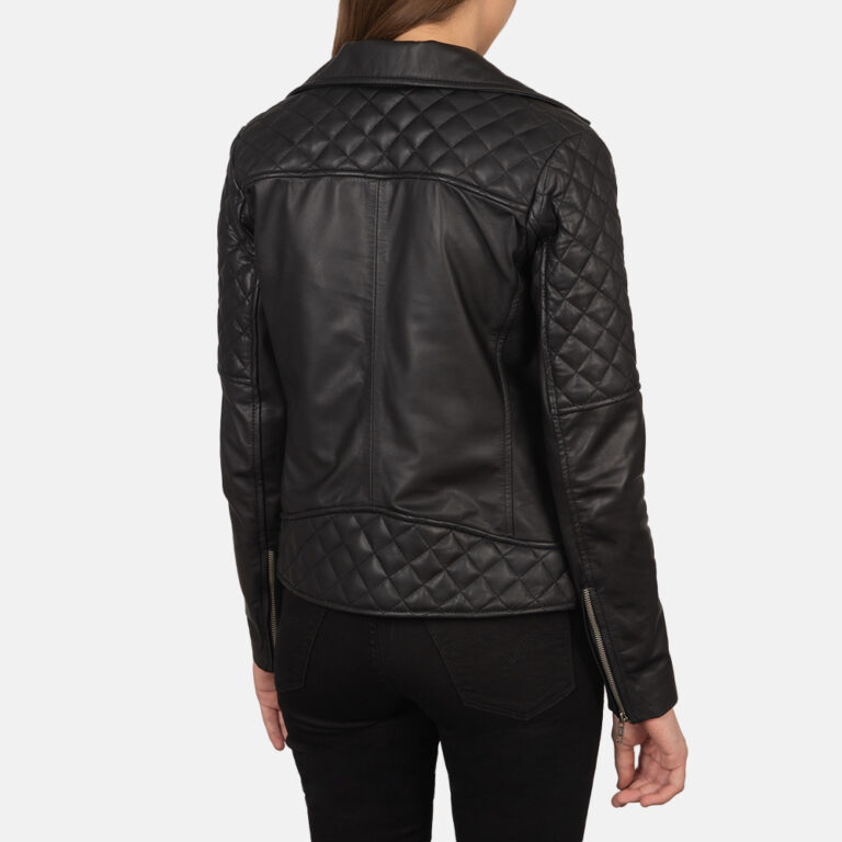 Womens Carolyn Quilted Black Biker Jacket Tilted Back-8-1659378794884